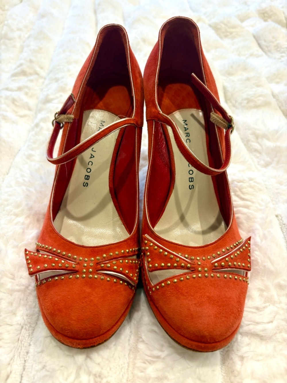 Marc Jacobs Red-Orange Suede Mary Jane Heels with Stud Accents